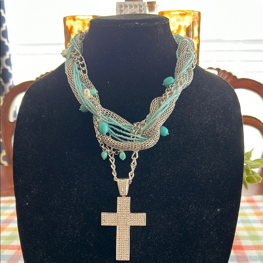 Beautiful Silver and Turquoise Colored Cross Pendant Necklace, with Rhinestones.